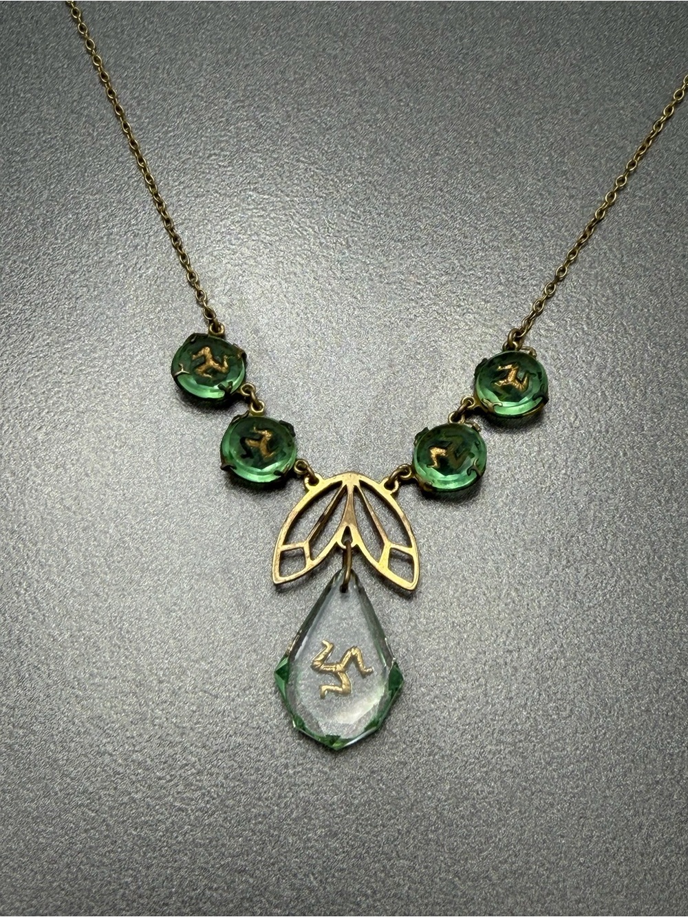 Antique Triskelion Isle of Man Czech Glass Intaglio Necklace #9UN